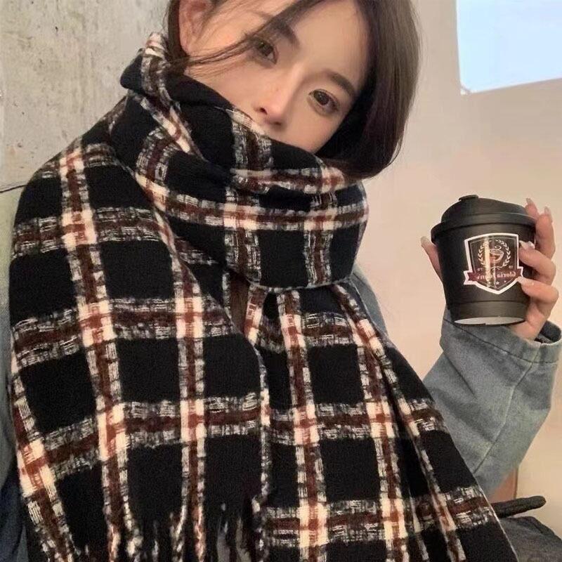 Korean Style Plaid Mohair Scarf - Women's Winter Imitation Cashmere Shawl