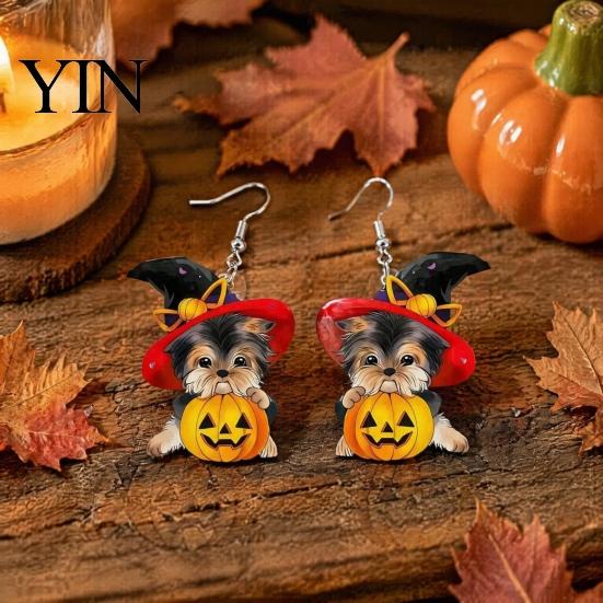 Polished Smooth Edge Jewelry Witch Hat Puppy Earrings, Cute Dog Pumpkin Drop Unique Halloween Pet Theme Accessories Lightweight Acrylic Jewelry,