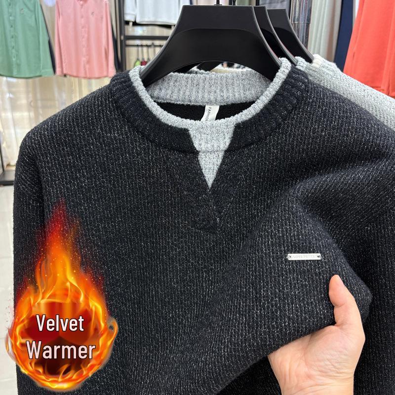 

2025 Men s High-End Knitted Round Neck Sweater: Velvet-Lined Winter Base Layer 3XL (140-160 Jin) чорний