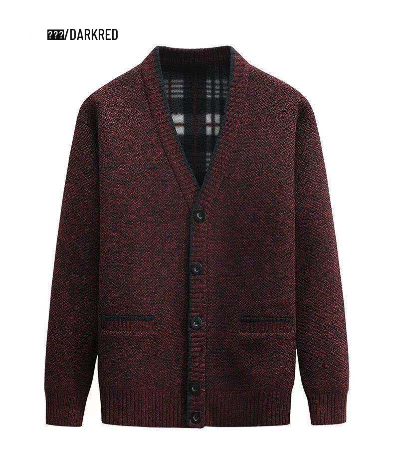 Men's Winter Thickened V-Neck Plus Velvet Sweater Cardigan for Middle-Aged & Elderly