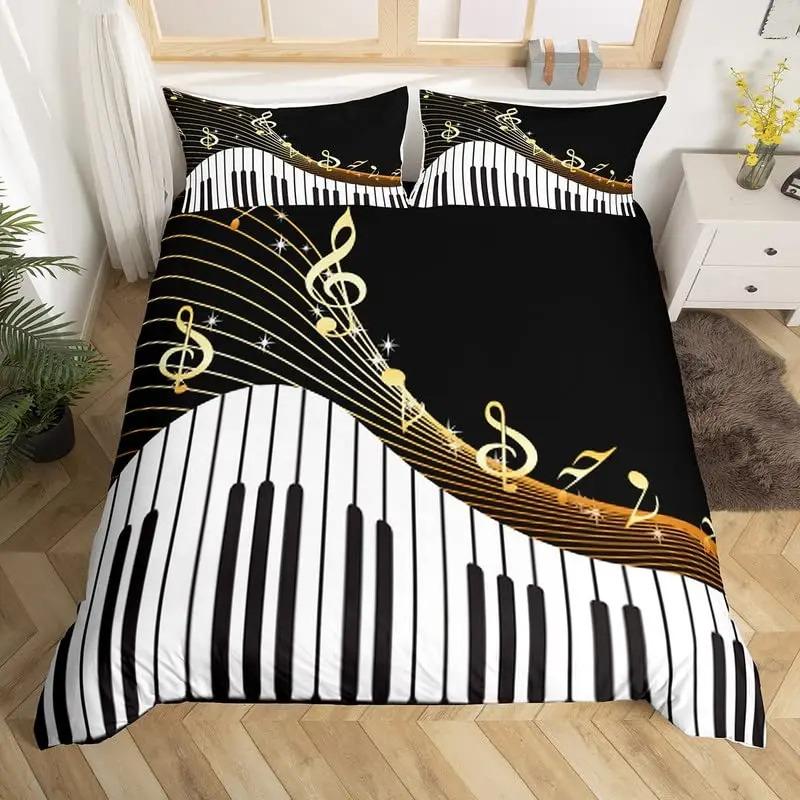 Hudba Klavírne klávesy Obliečka na paplón King Queen Klavírna posteľná súprava Moderný hudobný nástroj Prikrývka Čiernobiela prikrývka 100x135cm 3pcs