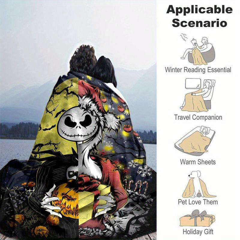 1pc, Cozy Home Decor: Jack Skellington's Festive Split Design Blanket Perfect Gift for Bedroom, Living Room, Travel, Camping, Car