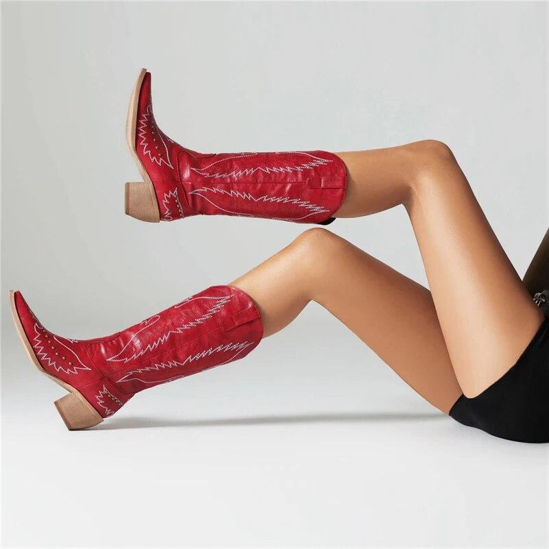 FOREADA Women Mid Calf Boots Pointed Toe Thick High Heels Rivets Embroidery Western Cowgirl Boot Ladies Fashion Shoes Winter 43