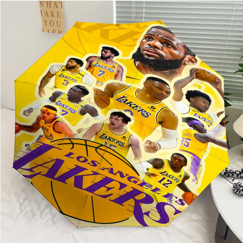 Los Angeles Lakers logo Print Automatic Umbrella, 8 Rib Iron Frame, Plastic Handle, Suitable for Outdoor Travel &Daily , Ideal Gift