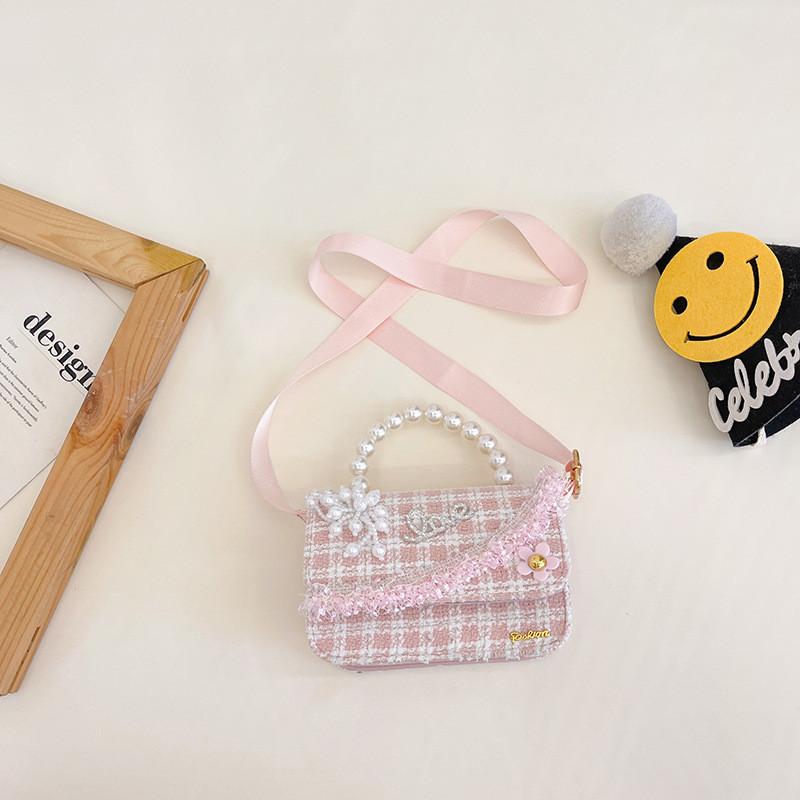 Очаровательная Новая Модная Детская Сумка Для Девочек Стильная Сумка-тоут Через Плечо с Жемчугом Pink Check