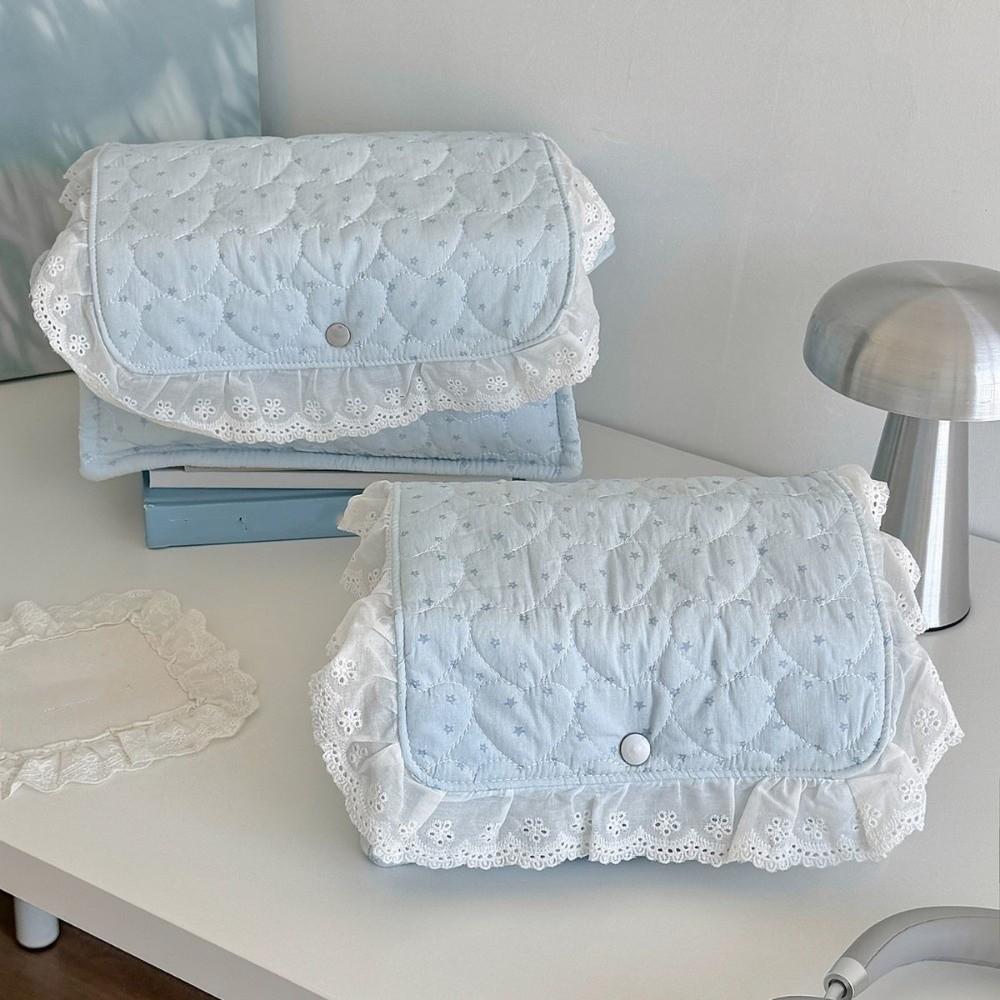 Button Closure Cotton Quilted Storage Basket Lace Edge Fabric Storage Basket Dresser