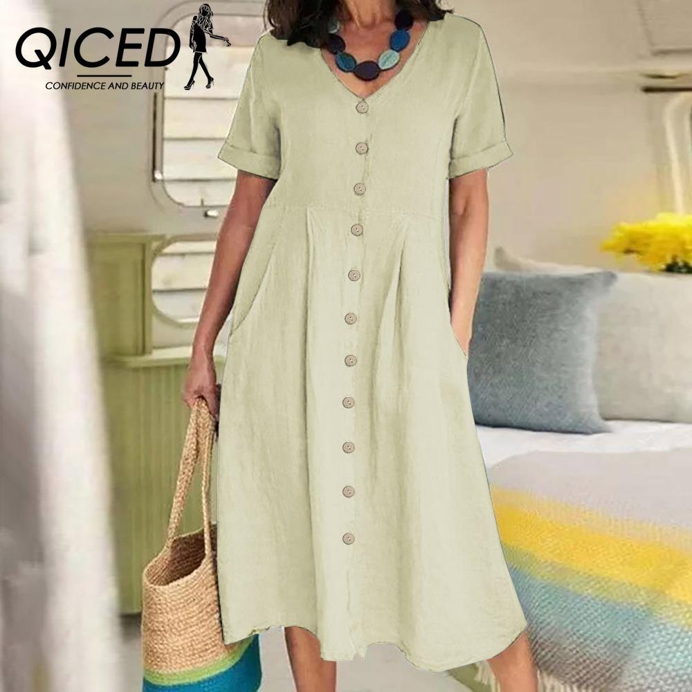 QICED Women Summer Casual Cotton V-Neck Short Sleeve Button Dress