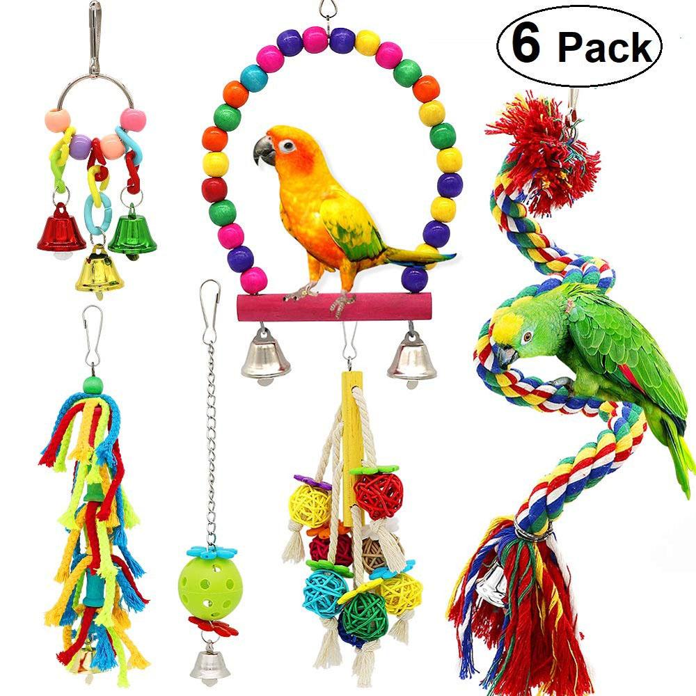 Birds Swing Toys, Parrots Chewing Hanging Perches with Bells Toys for Love Birds Budgie Macaws Cockatiels Parakeets African Grey
