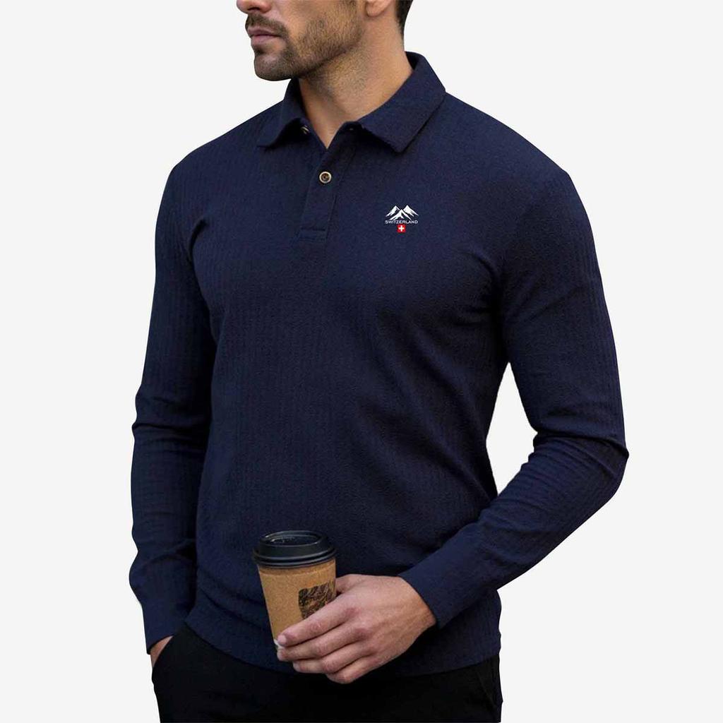 Polo Shirts for Men Switzerland Mountain Print Ribbed Long Sleeve.