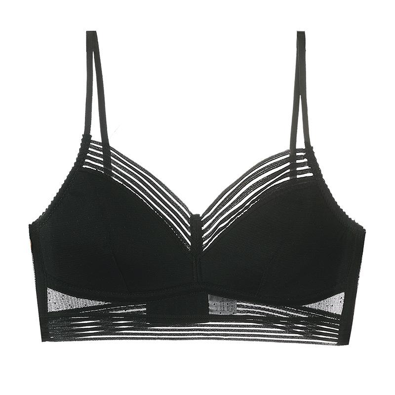Women Beige Breathable Mesh Bra with Horizontal Stripe Detail and Wireless Support S чёрный