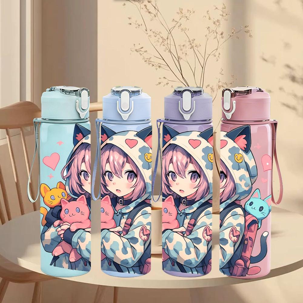 1PC Anime Girl Cat Ear Hoodie Print 750ml Color Plastic Sports Water Bottle Leakproof Flip Straw Lid Suitable for Sports Office Home Use