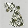 Women Plus Size Two Piece Dress Set Floral Printed V Neck Short Sleeve Tie Front Shrug Strappy Flared Dress White Blue