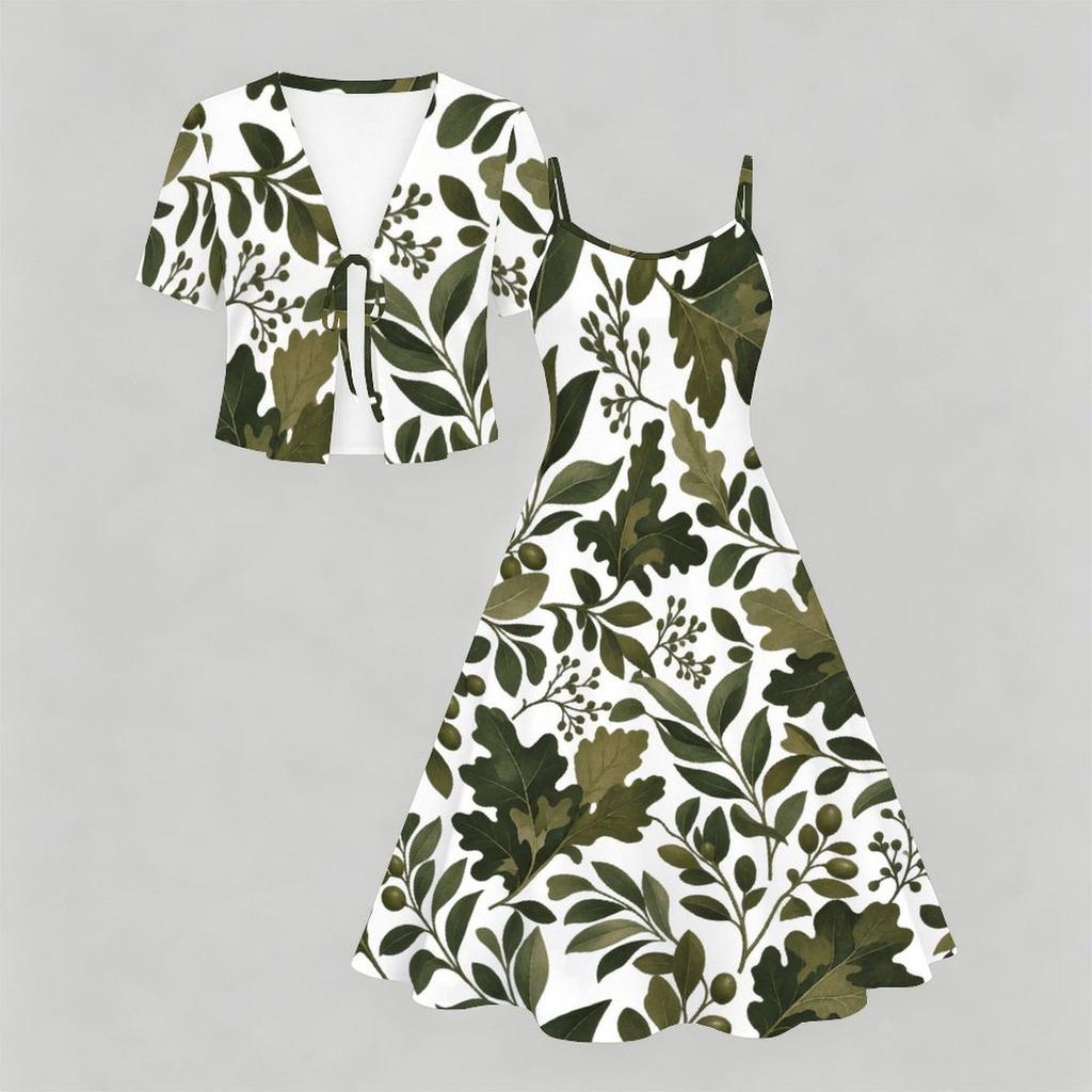 Women Plus Size Two Piece Dress Set Floral Printed V Neck Short Sleeve Tie Front Shrug Strappy Flared Dress White Blue