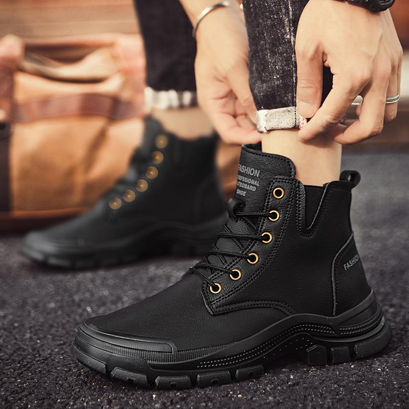 Fashion Tooling Boots Men Winter Casual Leather Shoes Ankle Men's Biker Boot Young Fashion Water Proof Full Black Non-slip Male Footwear