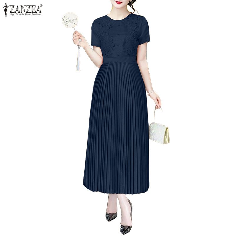 ZANZEA Women Casual Round Neck Short Sleeve Lace Crochet Patchwork Dress