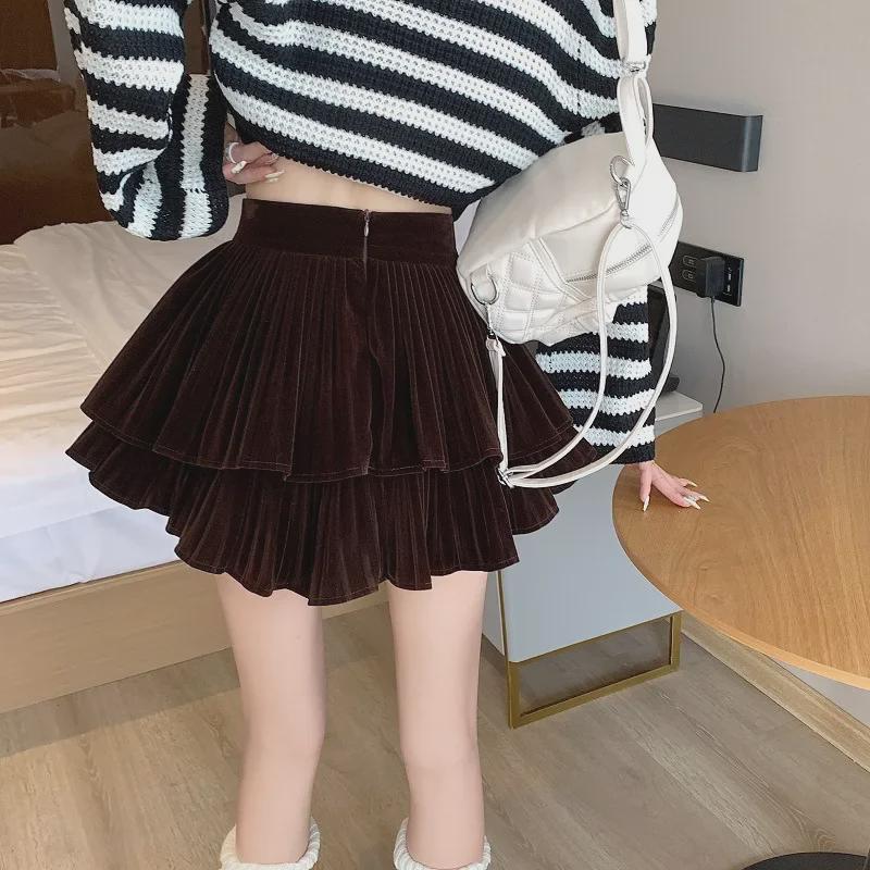 Plissierter Samtrock - Damen High Waist Cake Design für Frühling, Herbst und Winter 2023