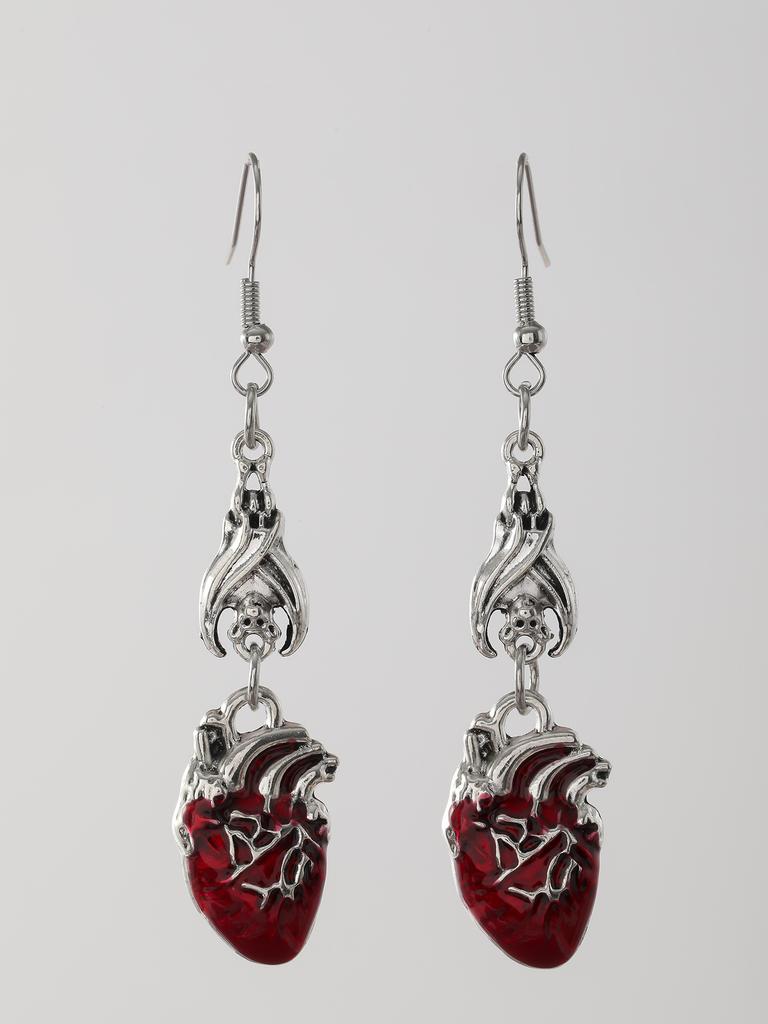 Retro Gothic Vampire Bat Bowknot Skeleton Red Drip Glaze Heart Pendant Dangle Earrings for Women Hallowmas Scary Jewelry Gifts