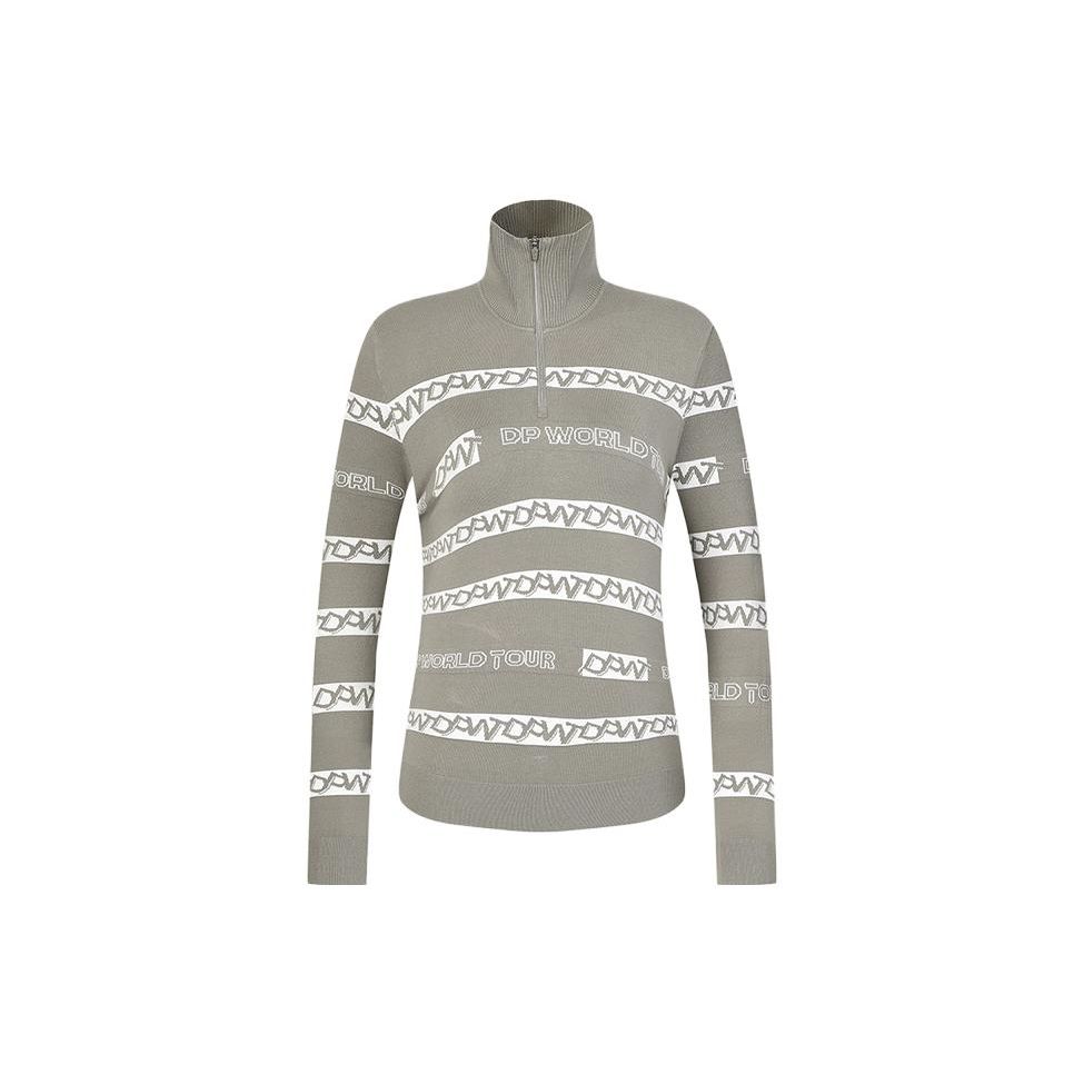FILA Golf Series Striped Letter Print High Neck Pullover Long Sleeve Knit Sweater Women sweater Driftwood-Gray A11W345401F-GY M