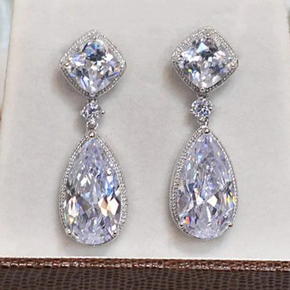 Luxury Square Green Cubic Zirconia Crystal Pendant Earrings Exquisite Fashionable  Women'S Wedding Jewelry
