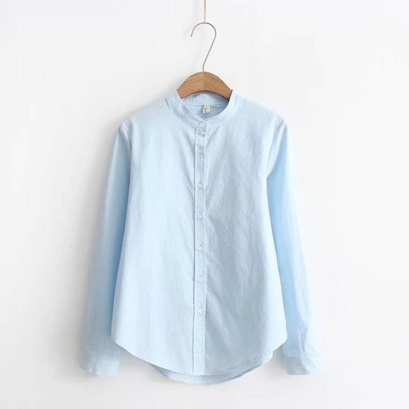 1116 Autumn New Versatile Small Stand-up Collar Cotton Shirt Women's Long Sleeves Small Fresh College Style Student Shirt Base