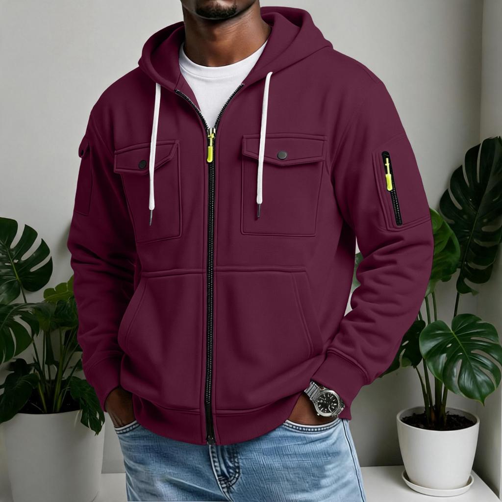 Men's Casual Multi-Pocket Zip Hoodie, Outdoor Cargo Jacket for Sports and Daily Wear