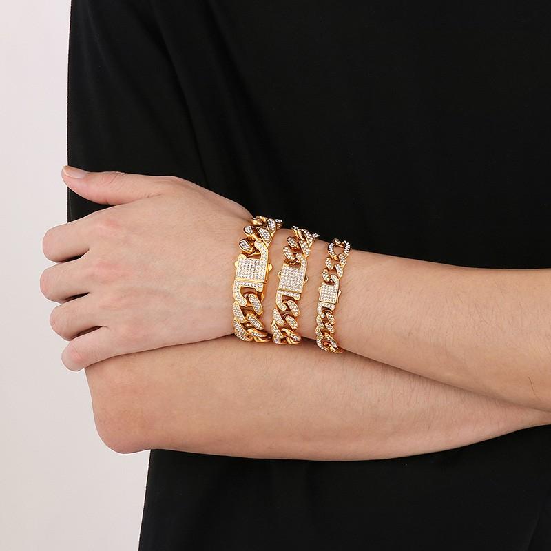 Hip Hop Shiny Rhinestones Bracelet for Men Women High Quality Zircon Cuban Miami Charm Chunky Figaro Chain Gold Color Jewelry