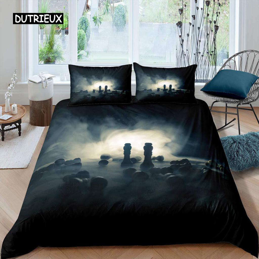 Bettbezug-Set mit internationalem Schachmotiv, Queen-Size-Bettwäscheset für Schachliebhaber, für Kinder und Erwachsene, Mikrofaser, schwarze Basis, 2/3-teiliger Bettbezug