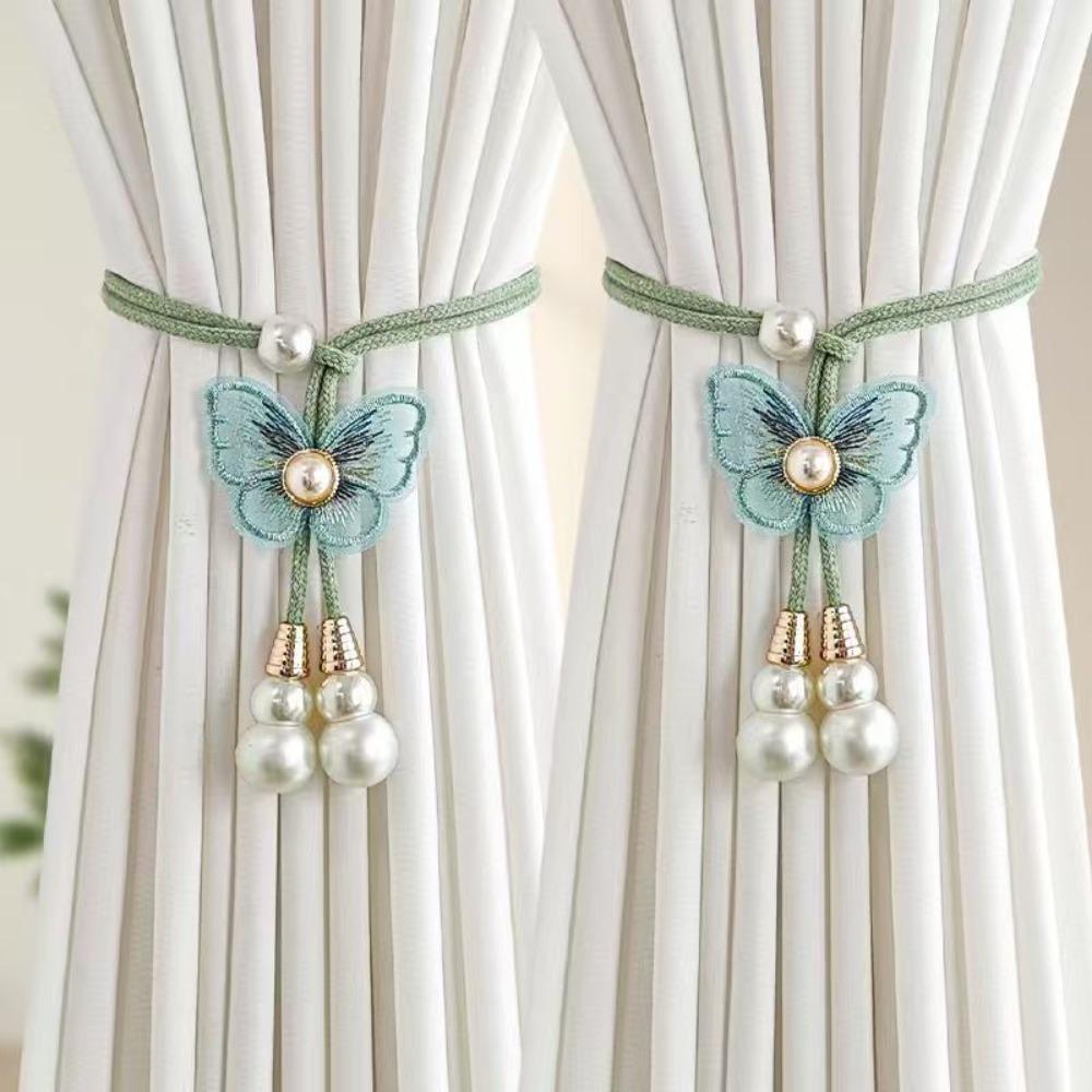 2PCS Adjustable Butterfly Curtain Tiebacks Artificial Pearl Curtain Binding  Bedroom Enhancement зелёный