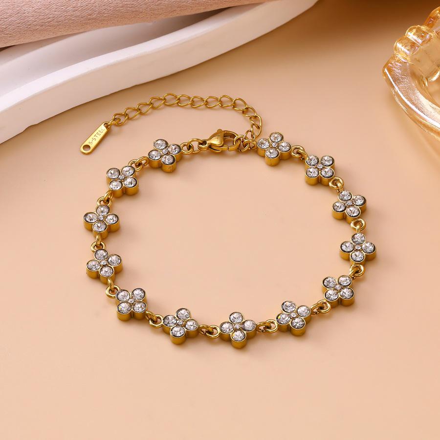 Colorful Zirconia Four-Leaf Clover Bracelet - Stainless Steel, Luxury Women's Jewelry