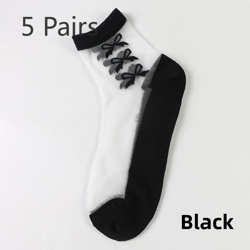 5 Pairs Fashion Transparent Socks Bow Floral Transparent Silk Socks Crystal Silk Socks for Women
