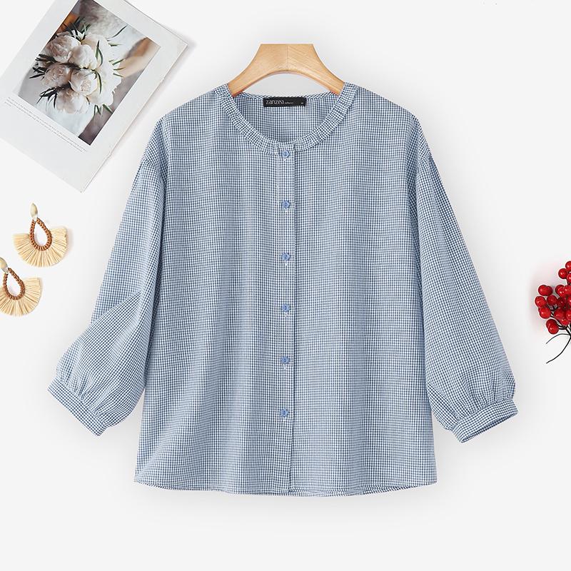 

ZANZEA Женская повседневная блузка свободного кроя с круглым вырезом и рукавами 3/4 в клетку 5XL синий