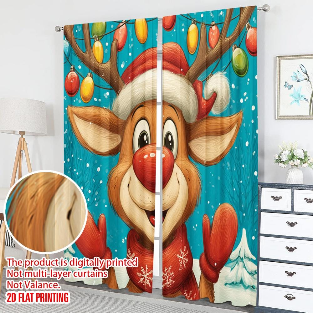 2pcs 2D flat printing Happy Christmas Scene Curtains Christmas Reindeer Cartoon Holiday Joy Digital Printed Polyester Drapes