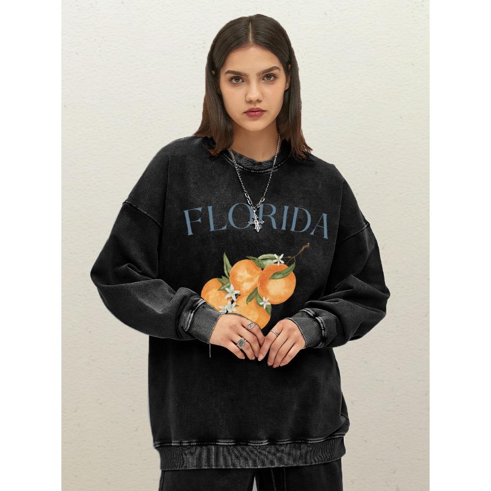 Florida Fresh Orange Fruit Design Womens Washed Sweatshirts Autumn Cotton Sportswear Loose Crewneck Clothing