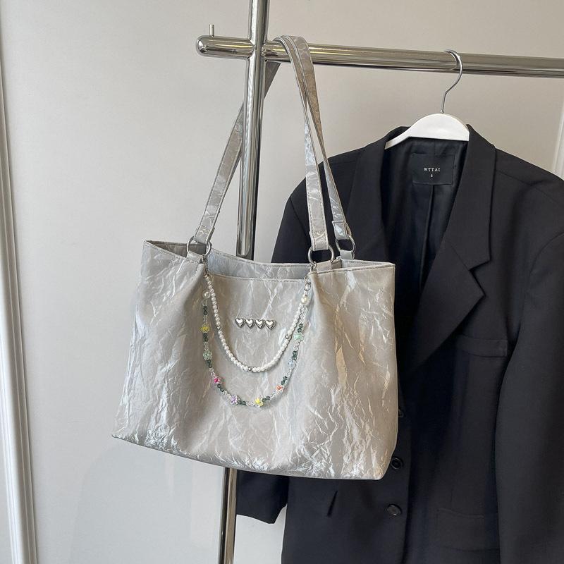 Commuter Bag Women's Large Capacity 2025 New Summer Silver Women's Tote Bag College Student Class Shoulder Bag