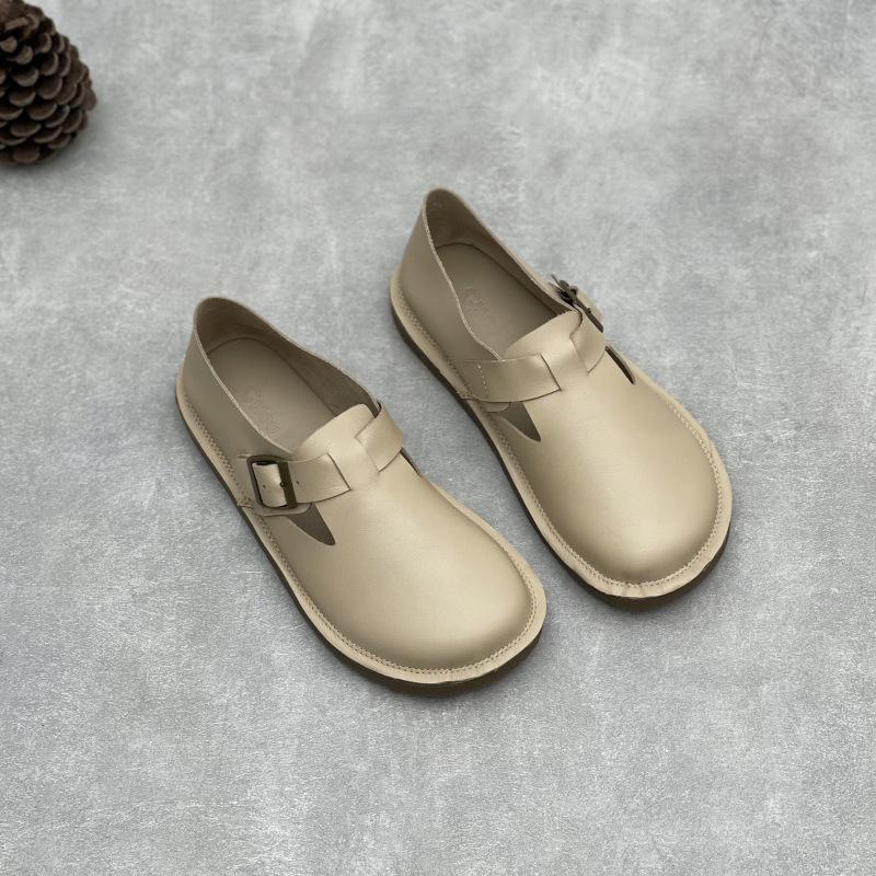 Johnature Handmade Genuine Leather Loafers Casual Women's Shoes Soft Soled Soft Cowhide Solid Color Flat Shoes