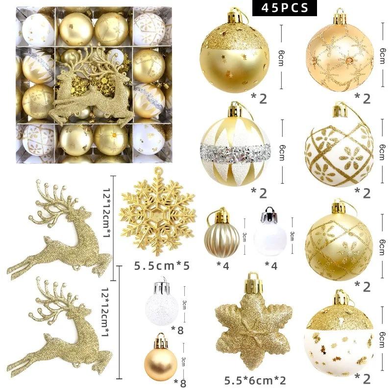 45Pcs Christmas Ball Set Luxury Xmas Balls With Snowflakes And Reindeer Christmas Tree Ornaments For Xmas Party Home Decoration