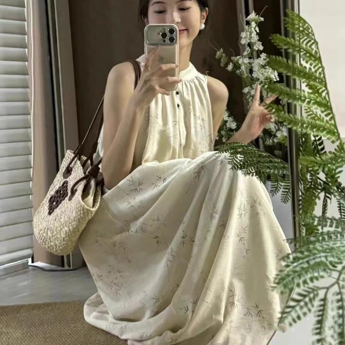 New Chinese style sleeveless neck floral dress fairy thin temperament design sense gentle long skirt summer