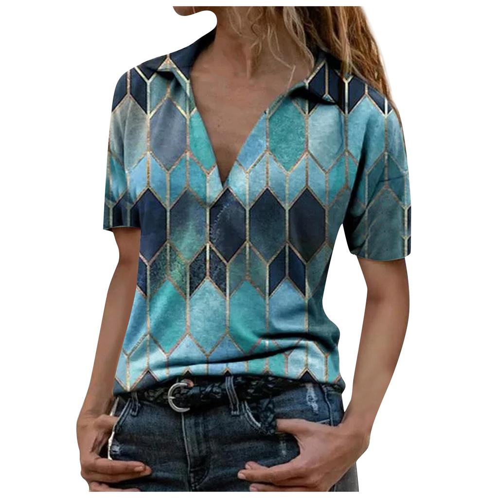Fashion Women's Summer Printed Short Sleeve Lapel Collar T-Shirt Casual Tee Tops