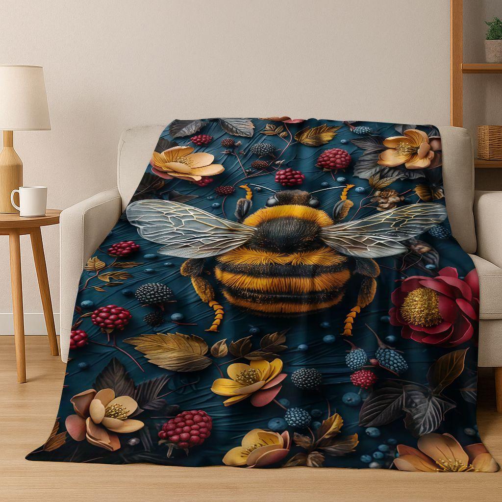 Cute Cartoon Bee HoneyBee Insect Art Flannel Blanket,Cozy Soft Throw Blanket for Home Bedroom Bed Sofa Picnic Cover Gift Kids