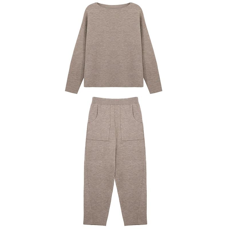 Knitted 2 Pieces Tracksuit Women Spring Autumn Winter O-neck Loose Sweater+Ankle-Length Pants Set with Pocket