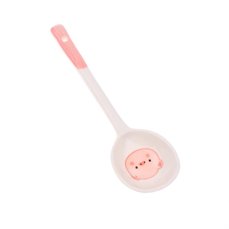 Kawaii Prase Keramická Polévková Lžíce Roztomilá Zmrzlina Ručně Malovaná Kávová Dezertní Lžíce s Dlouhou Rukojetí Kuchyňské Doplňky