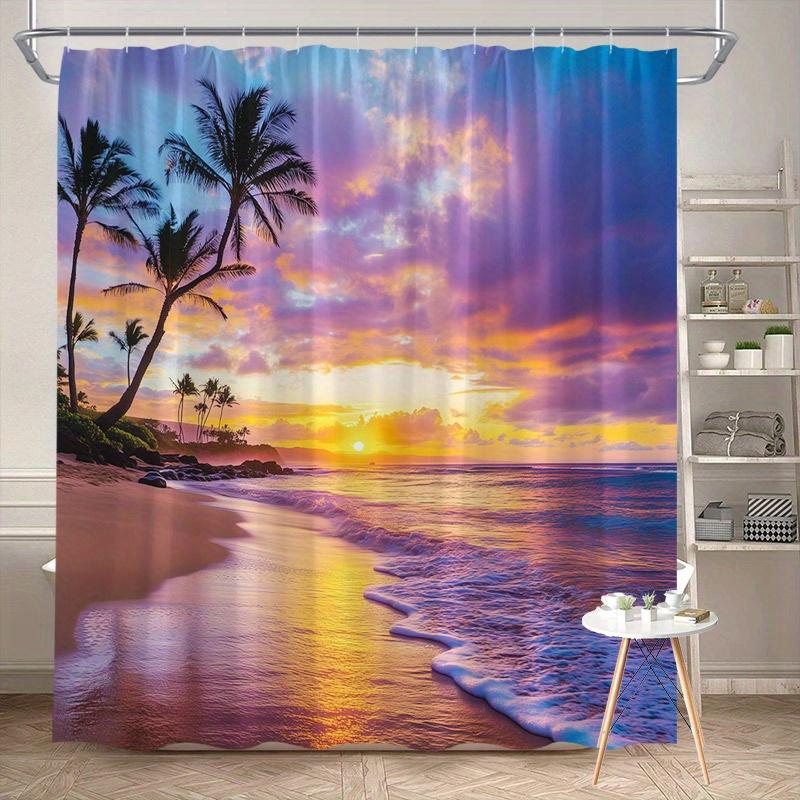 Tropical Beach Sunset Shower Curtain - Palm Trees, Waves, Washable Polyester with Hooks
