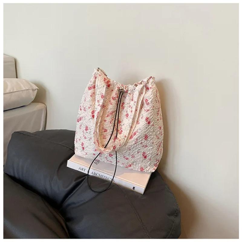 Casual Floral Drawstring Nyl Shoulder Bags for Women Fashi Large Capacity Ladies Crossbody Bag Commuter Girls Handbags Tote