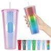 710ml Plastic Straw Cup Rhinestone Rivet Cup Double-Walled Travel Mug with Lid Bubble Tea Cup Large Capacity for Sports