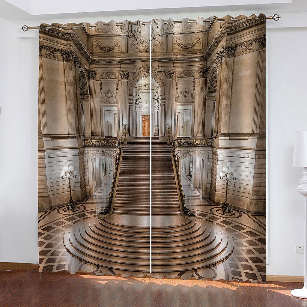 Living Room Curtains 2 Pieces Fashion 3D Golden Corridor Printed Polyester Eye Blackout Curtain Fabric Two Panels