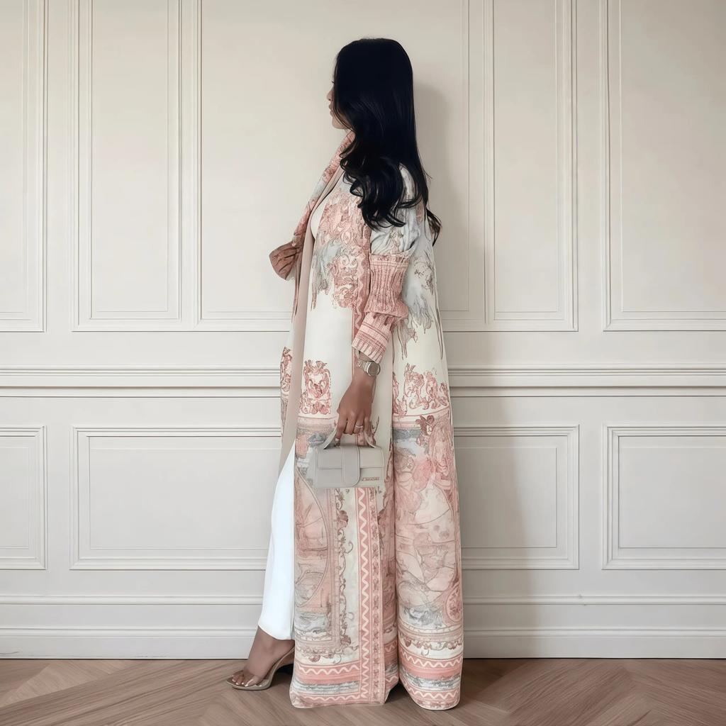 Fold Elegant Vintage Print Open Front Miyake Abaya, Lightweight Flowy Loose Fit Women's Modest Fashion Long Kimono Cardigan