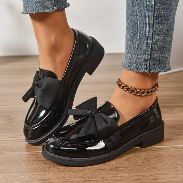 Women's Patent Leather Bow Loafers Round Toe Low Block Heel Slip-On Casual Oxford Shoes