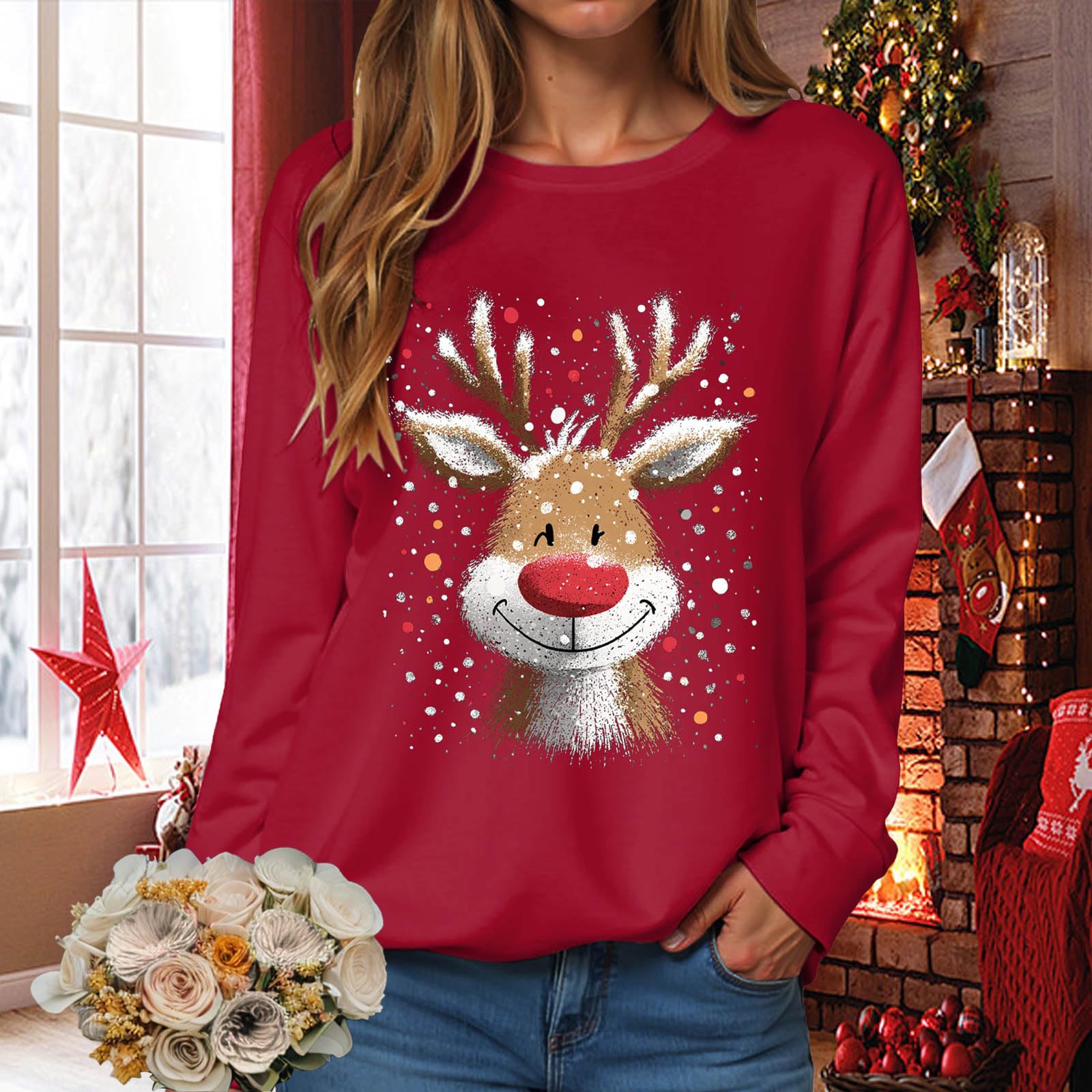 

Women s Fashionable Casual Long-Sleeved Loose-Fit Christmas Print Round-Neck Pullover Sweatshirt XL