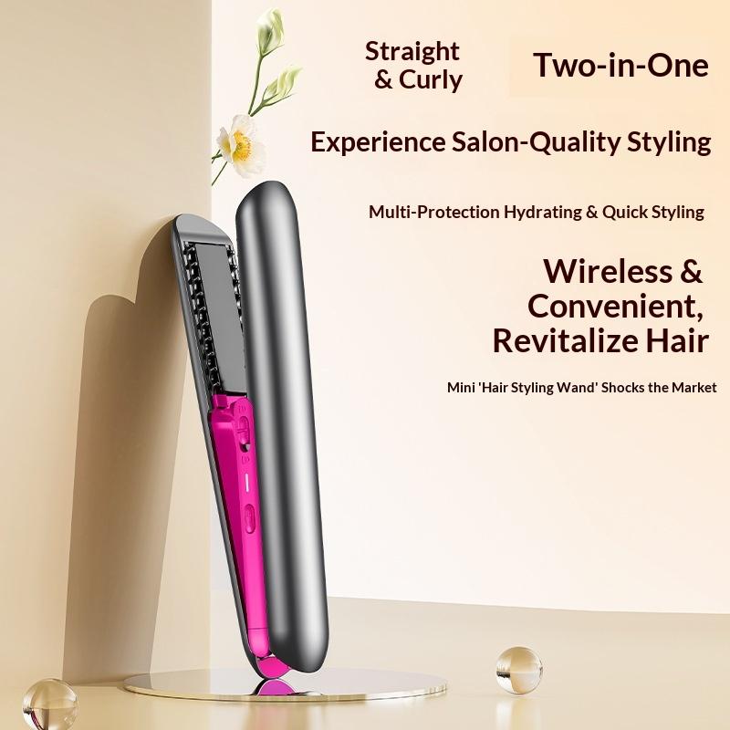 Wireless Portable Ceramic Coating Hair Straightener & Curler for Hotel & Outdoor Use LCD Hair Straightener Brush 18w&EU Plug розовый