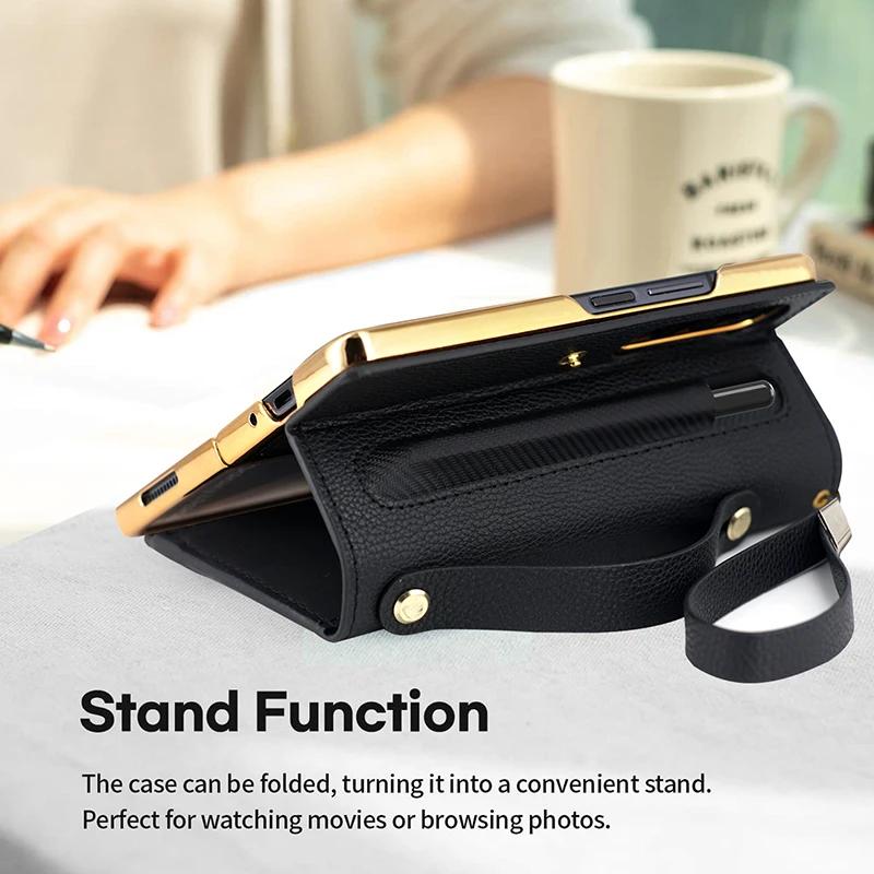 Leather Wallet Case for Samsung Galaxy Z Fold 4 3 2 5 6 ZFold4 ZFold3 Z Fold2 ZFold5 with Pen Holder Card Slot Zipper Flip Cover